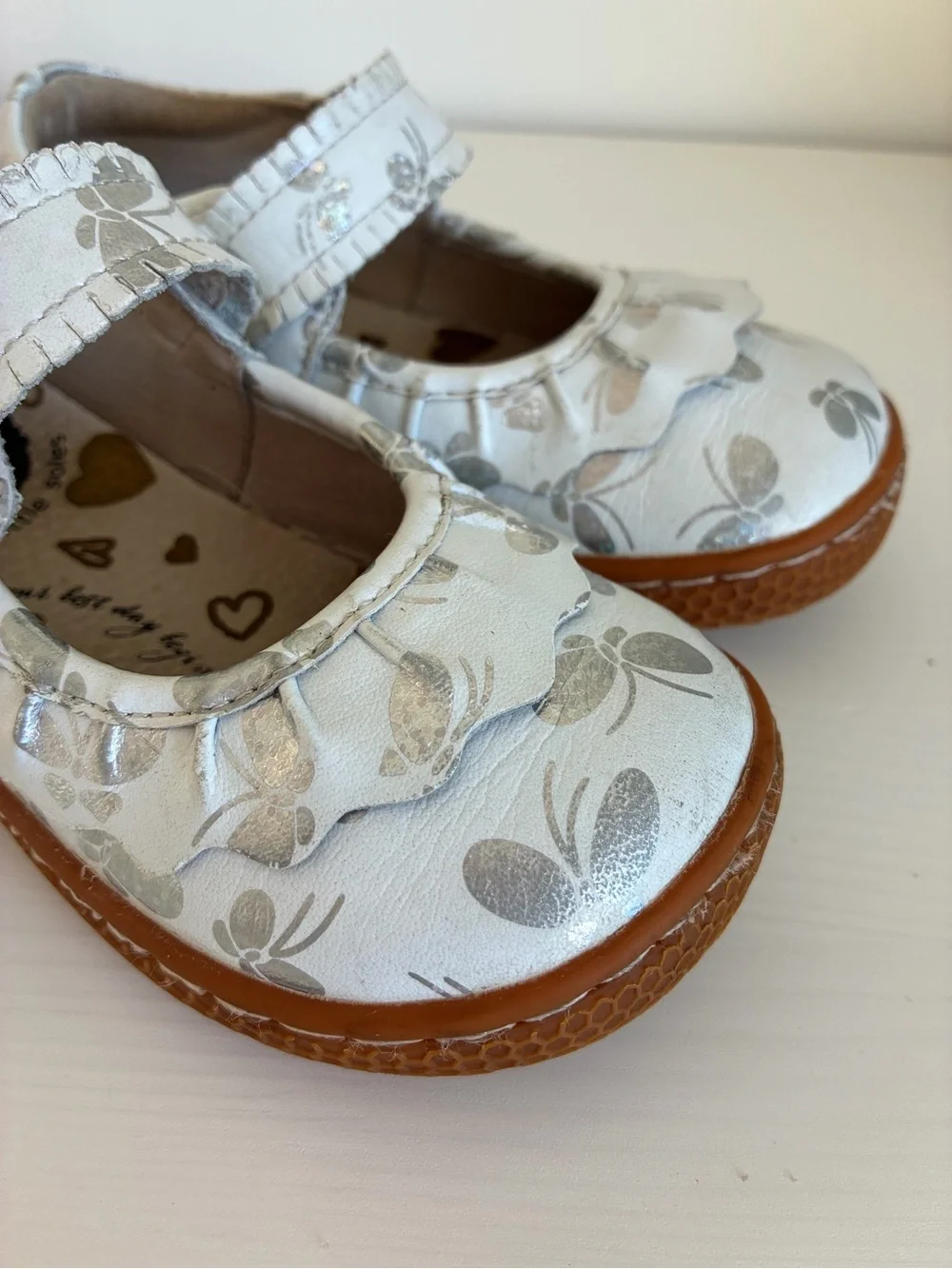 Livie & Luca Silver Floral Mary Jane Shoes with Brown Sole